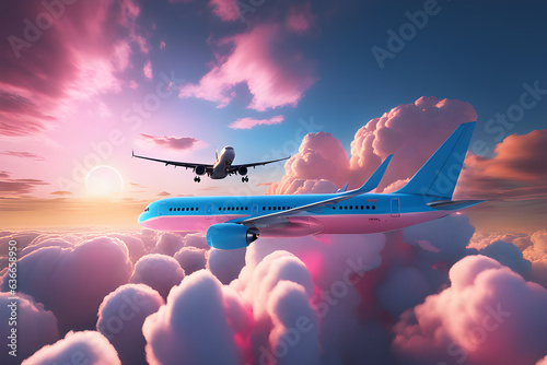 two aero planes in pink clouds with blue sky background.