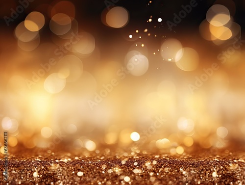 Gold glitter background. Glitter texture with bokeh and shiny lights, shiny metallic gold foil