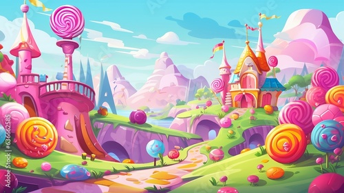 An illustration of candy land with a castle and candy lollipops AI Generated