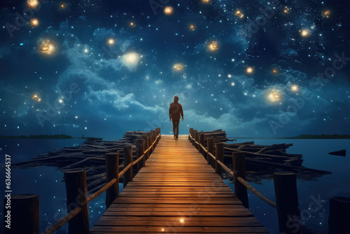 a man standing on wooden dock way background