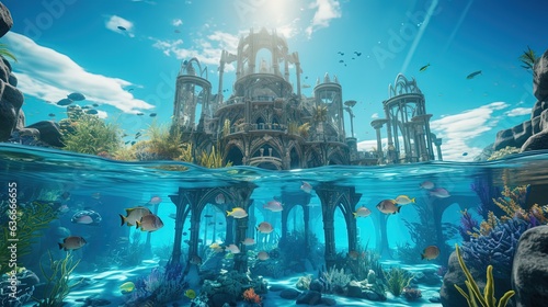 ambient fantasy sunken kingdom palace with fish swimming coral reef, fairytale mermaid kingdom background wallpaper, Generative Ai