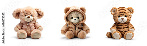 cutout set of 3 stuffed friendly cute teddy bear , raccoon or fox and a tiger baby plushie stuffed toys wearing jackets for winter cold isolated on transparent png background