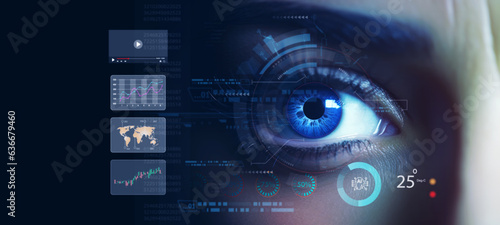 Future human modern cyber being futuristic vision, digital technology screen over the eye vision background, security, and command in the accesses. surveillance, Biometric scan of the eye, Ai