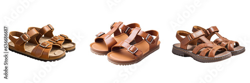 Summer leather sandals for men in brown color placed on a transparent background