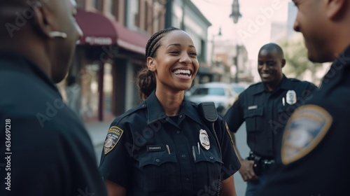 Smiling black female police officer talking to her colleagues