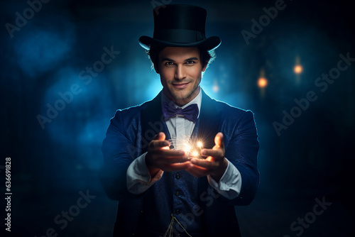 Generative ai collage photo of illusionist playing magic trick in night show circus