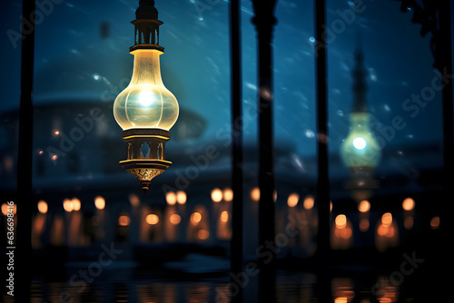 a mosques minaret illuminated at night