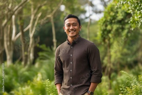 Portrait of a happy young asian man standing in the park