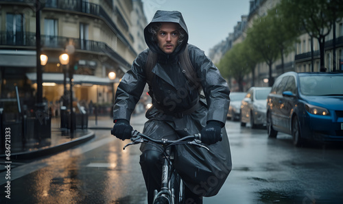 cycliste qui va au travail sous la pluie dans une grande ville européenne 