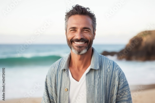Medium shot portrait of a Brazilian man in his 40s in a beach background wearing a chic cardigan