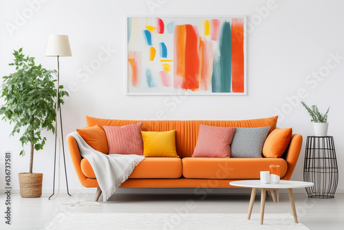 Orange sofa with colorful pillows and abstract painting wall art Modern interior for mockup, wall art. Promotion background with copyspace.