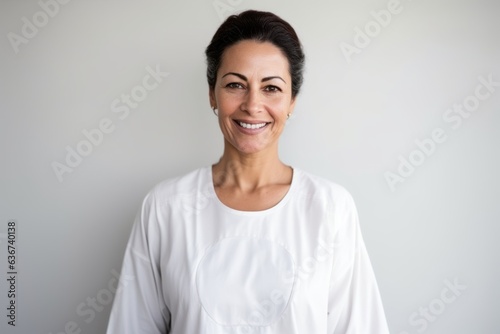 Medium shot portrait of a Saudi Arabian woman in her 40s in a white background wearing a simple tunic