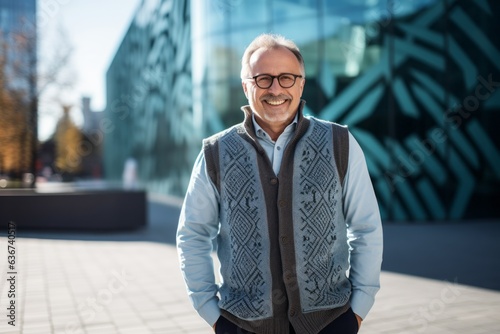 Portrait of a Russian man in his 50s in a modern architectural background wearing a chic cardigan
