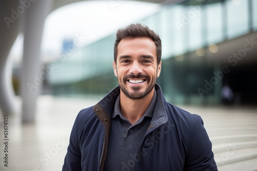 Portrait of a Brazilian man in his 30s in a modern architectural background wearing a chic cardigan