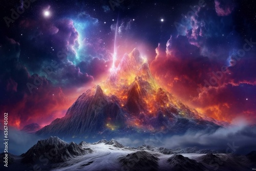 Astounding view of otherworldly terrain with colorful interstellar cloud cluster artwork. Generative AI