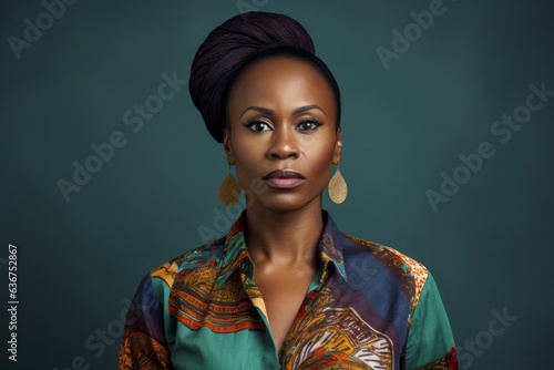 Portrait of a Nigerian woman in her 30s in an abstract background wearing a chic cardigan