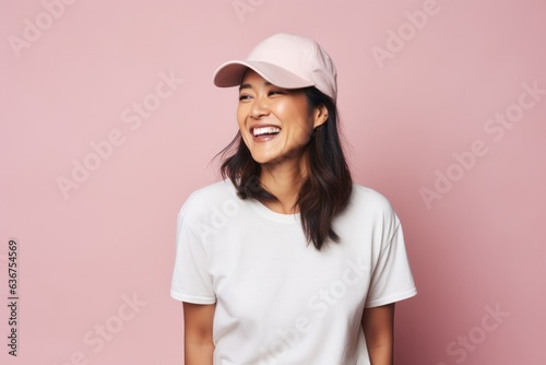 Portrait of a Chinese woman in her 40s in a pastel or soft colors background wearing a cool cap or hat