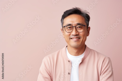 Portrait of a Chinese man in his 40s in a pastel or soft colors background wearing a chic cardigan