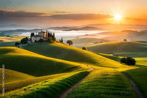 Tuscany landscape at sunrise, Val d'orcia, Italy