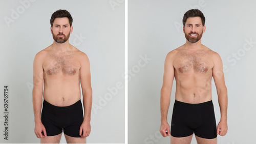 Collage with portraits of man before and after weight loss on light background