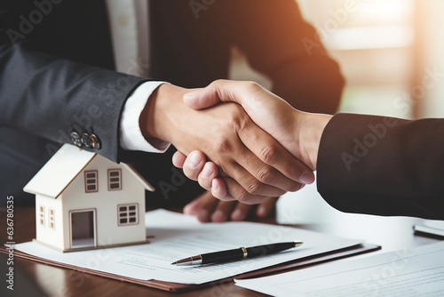  Real estate agent shaking hands with customer after signing contract to buy or sell house