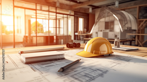 Casque de sécurité sur table de chantier dans bâtiment en construction