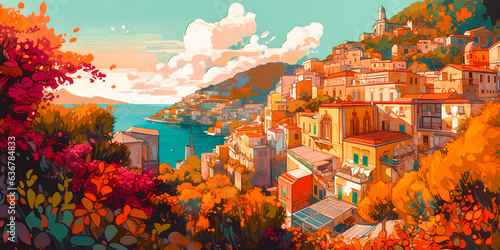Beautiful digital illustration of the sunny landscape of Amalfi. With bright floral elements. Perfect choice for home decor or digital backdrop.