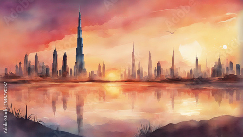 burj khalifa in watercolor painting