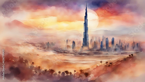 burj khalifa in watercolor painting