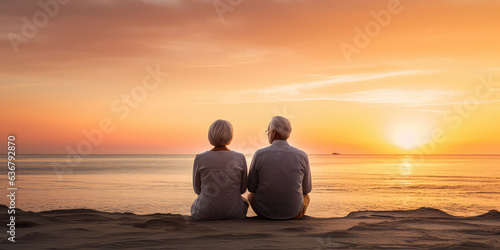 Senior couple sitting on the sandy beach and looking at the sea sunset. Meet old age at the seaside, a tourism concept. 