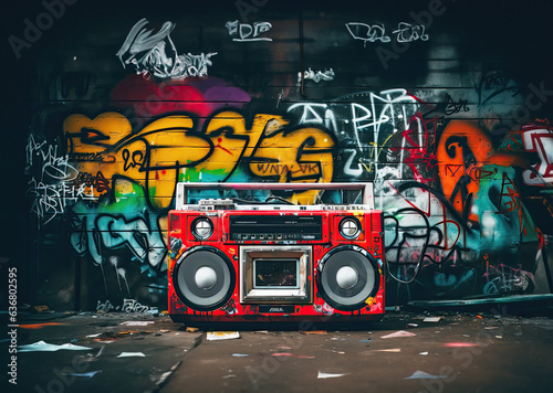 Retro old design ghetto blaster boombox radio cassette tape recorder from 1980s in a grungy graffiti covered room.music blaster