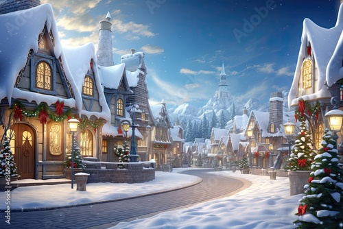 Enchanting snowy village, festive decorations, and majestic Christmas tree under the moonlit sky. Concept of magical winter wonderland.