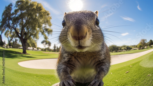 A cute squirrel captured by a fisheye lens camera installed on a golf course