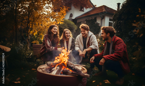 groupe d'amis en train de discuter dans un jardin autour d'un braséro