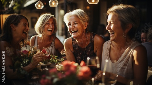 older women laughing and sipping wine together in a restaurant.