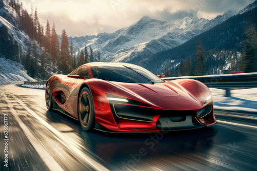 A red futuristic sports car speeding down a curved road on the snowy mountains
