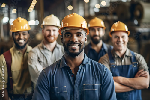 Group of industrial workers standing confident at industrial factory wearing safety vest and hardhat smiling on camera