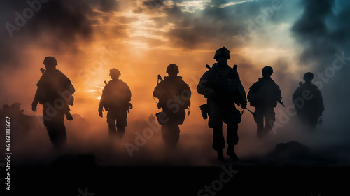 Silhouette photo group of military soldiers marching outdoor in battlefield patrol. Infantry army war battle marching dramatic light scene.