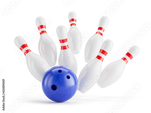 Bowling strike concept. Blue Bowling Ball hits bowling pins. Transparent background