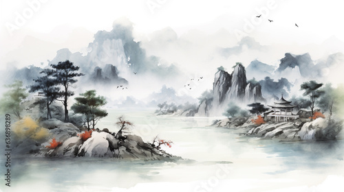Landscape Watercolor splash ink smudge style Chinese for background Genarative AI