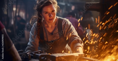 Female blacksmith forging metal, sparks flying.
