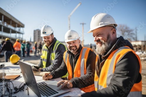 Smart teem of engineers working on a laptop on a construction site
