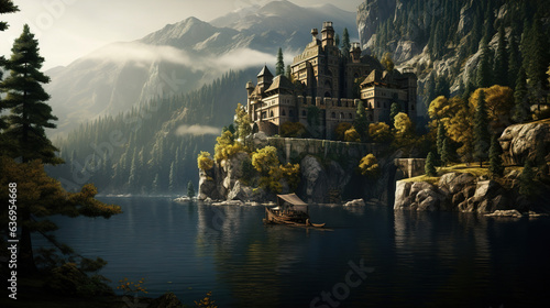 Castle on a Mountaintop beside river.Generative Ai
