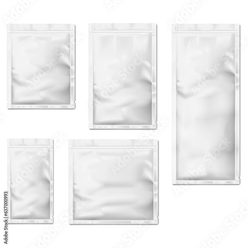 Blank white sachet packet with tear notches vector mock-up set. Individual plastic bag package for cosmetic, medical or food product mockup. Template for design