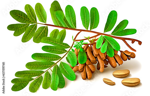 Green leafed tamarind for a fresh and natural look Ideal for use in food photography or as a decorative element Isolated on a white background for easy integration into various designs