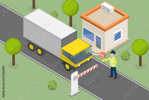 3D Isometric Flat Vector Conceptual Illustration of Security Check Of Car , Entry Through the Checkpoint