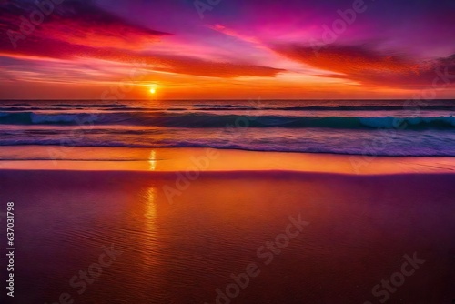 Breathtaking sunset over an expansive beach, with vibrant hues of orange, pink, and purple - AI Generative