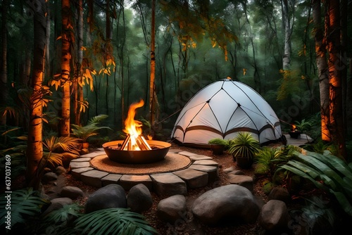  fire pit positioned near a gray dome tent