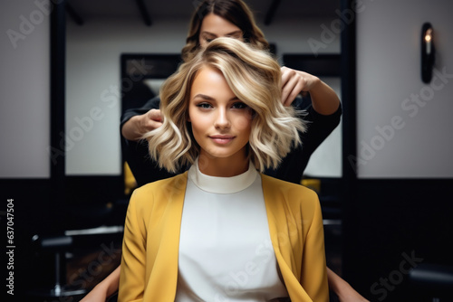 Woman Client Getting Hair Cut and coiffure in Salon. Expert Hairdresser and Stylist Transformation. Fresh haircut with Professional barbershop.