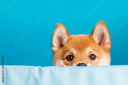 Portrait funny and happy shiba puppy dog peeking from behind curtain. Cute shiba puppy dog.